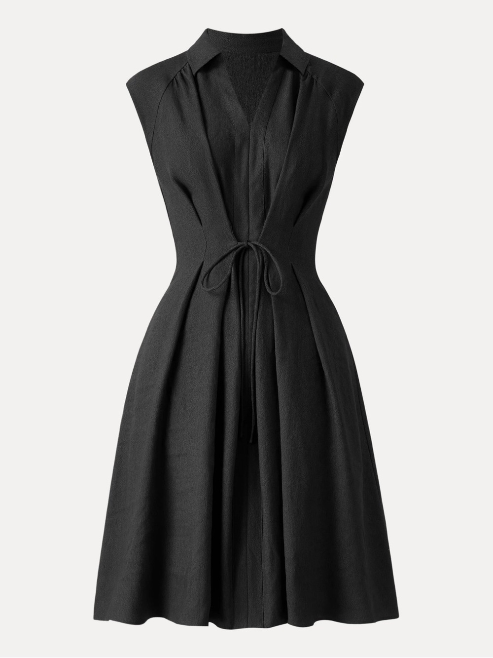 OGL | Viscose-Linen Collared V-neck Midi Dress with Drawstring Black | Medium